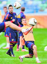 Spains striker Pedro (R) takes part in a training session on the eve of their 2010 World Cup Group H match against Switzerland at Moses Mabhida stadium in Durban on Tuesday.