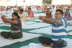 Residents attending a yoga camp at Police DAV School in Bathinda