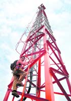 Rakam Singh Rawat climbs down the mobile phone tower in Dehradun on Wednesday.