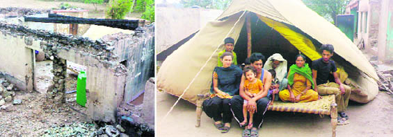 The house of Shanni Devi which was destroyed in a fire in Kharak village; and (right) the only relief the family of Shanni Devi has got is canvas fabric tents.