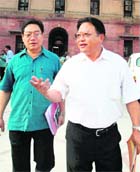 Additional Chief Scretaries of Nagaland A Jamir (L) and Toshi Aier after meeting Home Secretary GK Pillai in New Delhi.