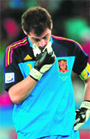 Spains goalie Iker Casillas reacts after losing to Switzerland in Durban on Wednesday.