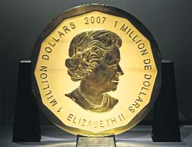 A 2007 Canadian $1,000.000 Maple Leaf with a weight of 100 kg and a diameter of 53 cm is on display at Dorotheum auction house in Vienna on Wednesday. The $1 million coin, made exclusively of pure 999.99/1000 gold, will be auctioned on June 25.