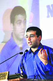 World chess champion Viswanathan Anand speaks at the launch of a product of NIIT's Mobile Science Lab in Bangalore on Thursday.