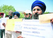 RTI activists protest in support of the Bhopal Gas Tragedy victims in Sector 17, Chandigarh, on Thursday. 