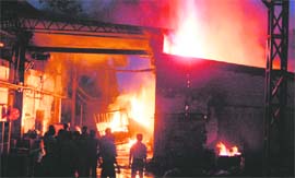 A chemical factory in flames.