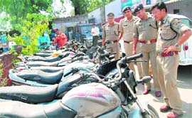 SSP, Haridwar, Sanjay Gunjiyal inspects stolen bikes at the Bahadrabad police station.