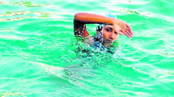 A swimmer in action during trials conducted by the Ludhiana District Swimming Association at the pool in municipal corporation.