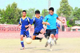 A match of the Lala Nemi Das Memorial Football League in progress at the Pavilion Ground in Dehradun