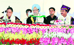 Prime Minister Manmohan Singh, Governor of Uttarakhand Margaret Alva and Chief Minister Ramesh Pokhriyal Nishank at the 26th convocation of the Govind Ballabh Pant University of Agriculture and Technology at Pantnagar on Saturday.