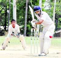 A batsman plays a shot at the Challenger Cup Cricket Tournament in Dehradun on Saturday