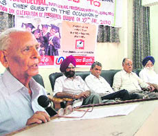 BR Kaushal, chairman of the Pensioners' Information Centre Management Committee, addresses the gathering on the eighth foundation day in Ludhiana.