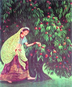 Sitas love for the Asoka blossoms is painted in this work by Lakshmi
