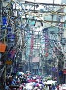 A view of the hanging wires in Chandni Chowk.