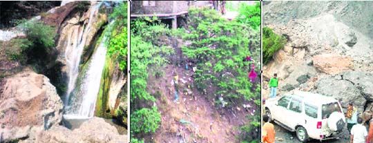 A view of the Kempty Falls near Mussoorie; plastic garbage littered on a hill; and unplanned parking leads to landslide at the famous tourist spot
