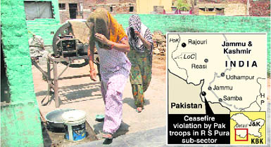 Women run to avoid being caught in firing by the Pakistan Rangers in Abdulian village in the RS Pura sector on Monday.