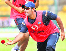 Mahendra Singh Dhoni at a practice session in Dambulla on Monday. India and Lanka will play the last first round match of the Asia Cup on Tuesday. The match will begin at 2.30 pm.