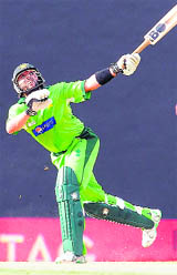 Pakistan captain Shahid Afridi plays a shot during the fifth ODI of the Asia Cup between Pakistan and Bangladesh in Dambulla on Monday.