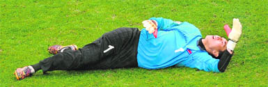 Guk lies on the ground after the goal by Tiago in Cape Town on Monday