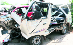 The mangled of the Maruti Omni at the Panchkula-Barbala road on Tuesday