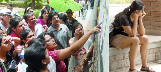 (Left) Students check the first cut-off list at Hindu College in New Delhi on Tuesday. (Right) A student after going through the list at Miranda House.