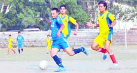 A player moves ahead with the ball in a match of the Lala Nemi Das Memorial Football League at the Pavilion Ground in Dehradun on Tuesday.