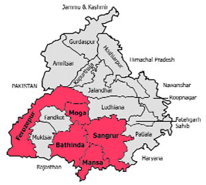 Areas shown in red under the influence of extreme-Left farmer organisations 