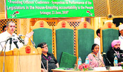 Chief Minister Omar Abdullah speaks at a symposium, organised as part of the 75th All-India Presiding Officers Conference, in Srinagar 