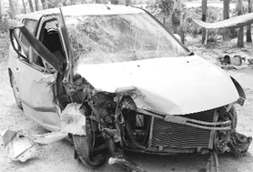 The mangled remains of the car that had a head-on collision with a crane at Zirakpur
