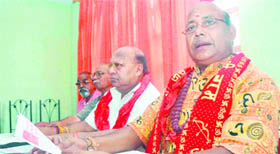 Members of the Jagannath Ji Rath Yatra Samiti at a press conference In Dehradun on Thursday.