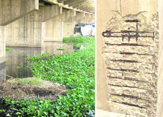 The Ambala-Hisar overbridge; and (right) its crumbling wall.