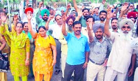 Milkplant employees protest in favour of their demands in Ludhiana on Thursday.