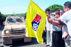 Sunny Sidhu of Chandigarh, who led the first leg of the Mughal Road Car Rally, enters Hari Niwas Palace in Jammu on Friday