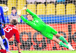 Denmarks goalkeeper Thomas Sorensen fails to stop a goal by Japans midfielder Keisuke Honda (off camera) during their match in Rustenburg 