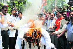 BJP activists burn the effigy of the Central government to register their protest over increased prices of fuel in Dehradun on Saturday