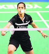 Indias Saina Nehwal in action against Eriko Hirose of Japan during their semifinal singles match in the Indonesia Open in Jakarta on Saturday. 