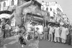 BJP workers burn an effigy of petroleum minister Murli Deora in Ambala Cantonment on Sunday. 