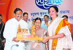 Film actress Hema Malini being felicitated by Uttarakhand Chief Minister Ramesh Pokhriyal Nishank on being nominated as the brand ambassador of the Sparsh Ganga campaign in Dehradun