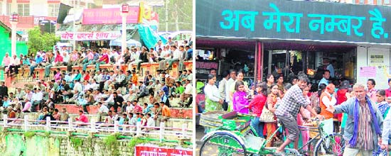 Nainital residents enjoy a match at Flats Ground in the city and (right) tourists wait for their turn at the local rickshaw stand