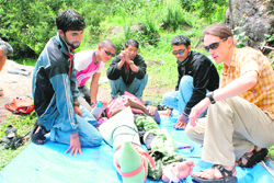 Ted Morrison, exper from the US, gives tips to tourist guides about emergency medical relief in Chamoli district.