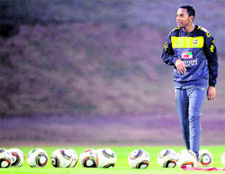 Brazils striker Robinho looks on during a team training session in Johannesburg on Saturday