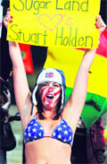 A USA supporter cheers prior to the start of the USA vs. Ghana match in Rustenburg on Saturday