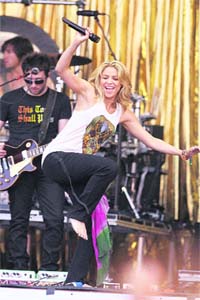 Colombian singer Shakira at Glastonbury Festival, in Glastonbury, England, on Saturday