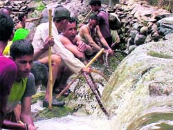 participants with their traditional nets wait for the catch.