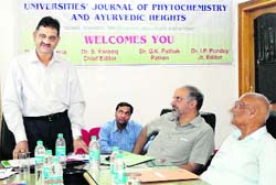 Dignitaries at the launch of a journal by the Universities Journal of Photochemistry and Ayurvedic Heights in Dehradun on Saturday