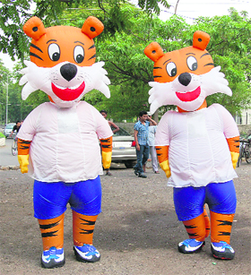 The mascot of Commonwealth Games, ‘Shera’ at Sector 17, ahead of the arrival of Queen’s Baton Relay in Chandigarh