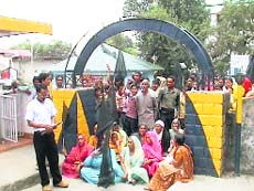 Panchayat members of Kaliara village sitting in dharna in front of the police station at Dharamsala on Tuesday.