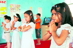 Students participate in a workshop on the Montessori technique of learning at Srijan School at Jakhan in Dehradun on Wednesday