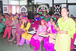 Elected women panchayat members at a training programme held at RLEK on Wednesday. 