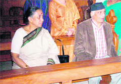 Governor Margaret Alva with her husband at St Peters Church in Mussoorie on Tuesday.